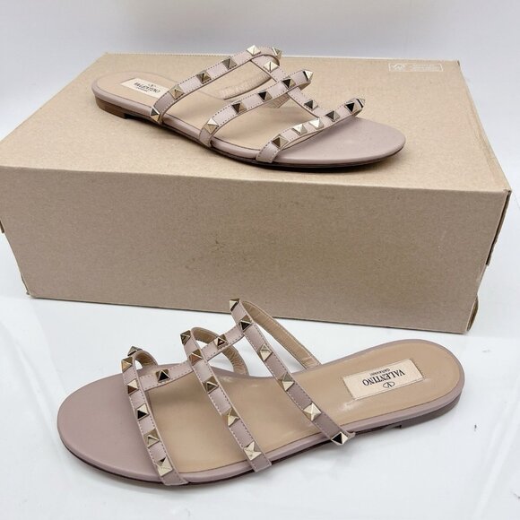 Valentino Garavani Womens Rockstud Flat Slide Sandals P45 Poudre Leather EU 39 - Picture 5 of 11